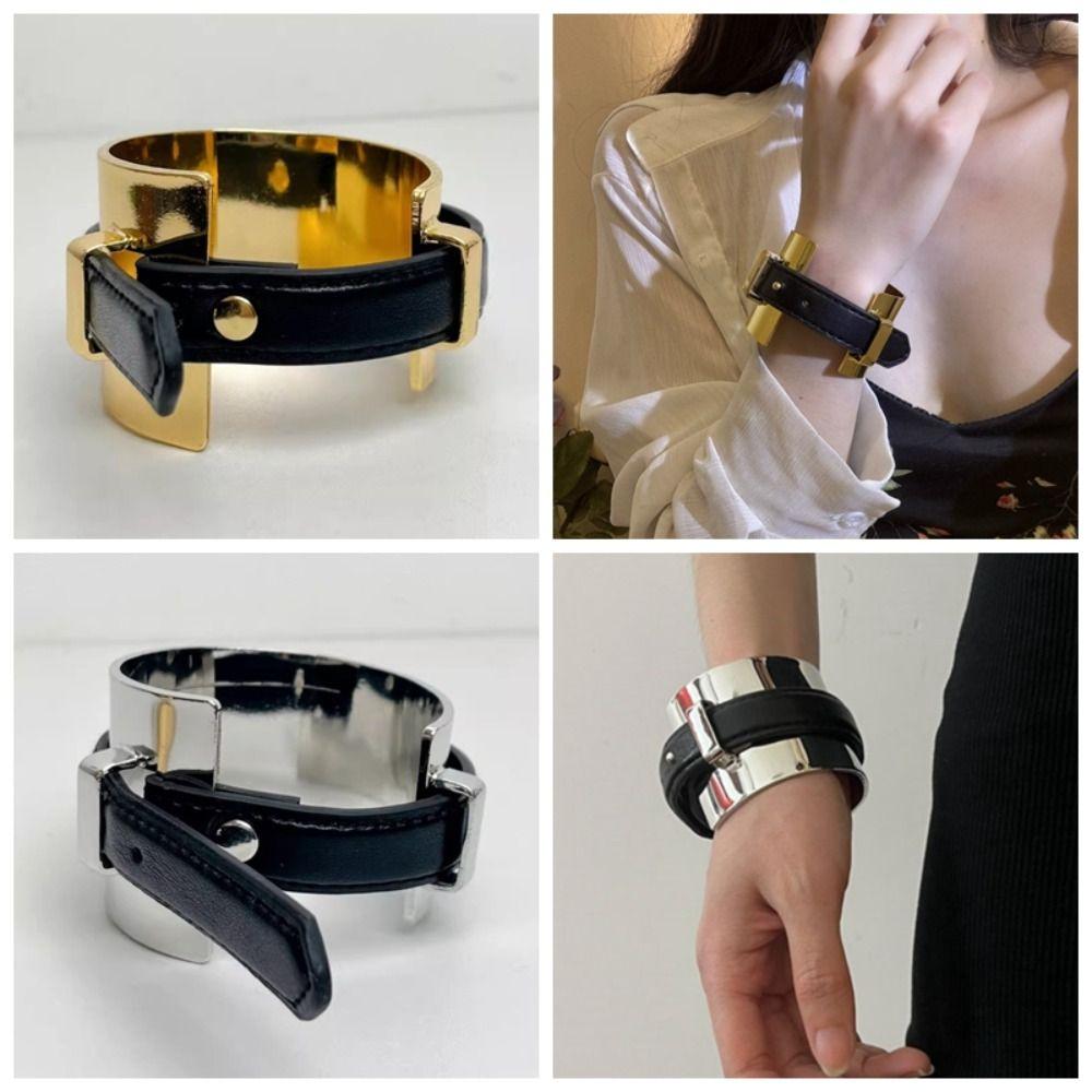 Silver Exaggerated Metal Bangle Armlet Women Open Bangle Belt Buckle Leather Bracelet  Daily
