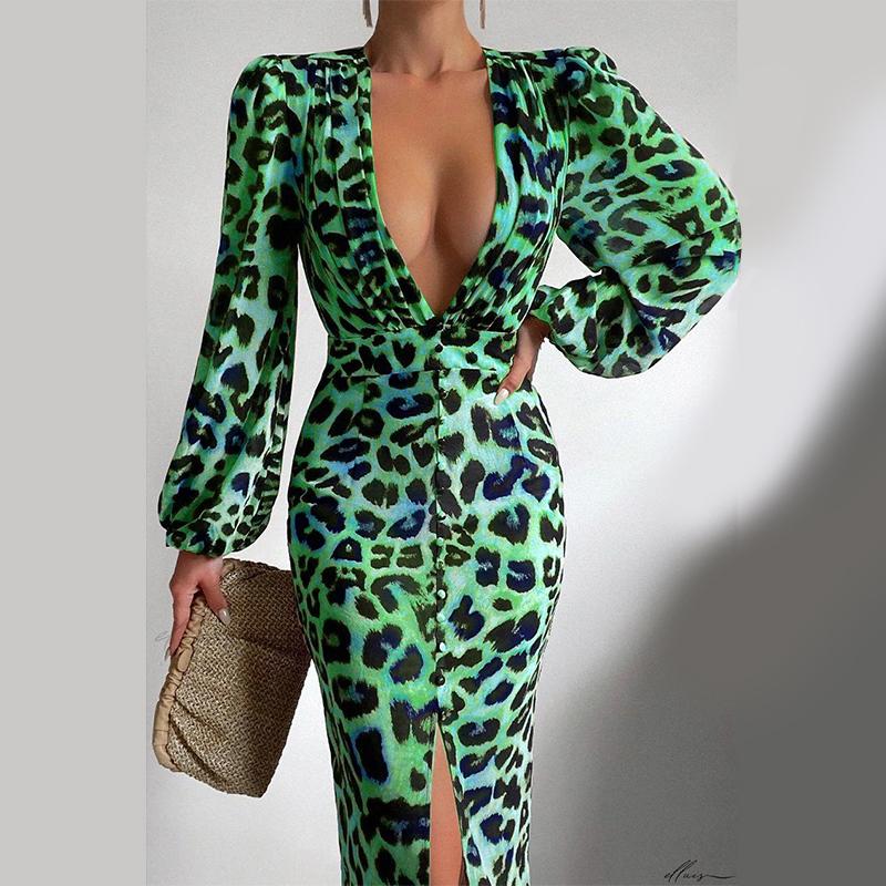 

VONDA Женские винтажные платья с глубоким V-образным вырезом и длинным рукавом с леопардовым принтом 4XL зелёный