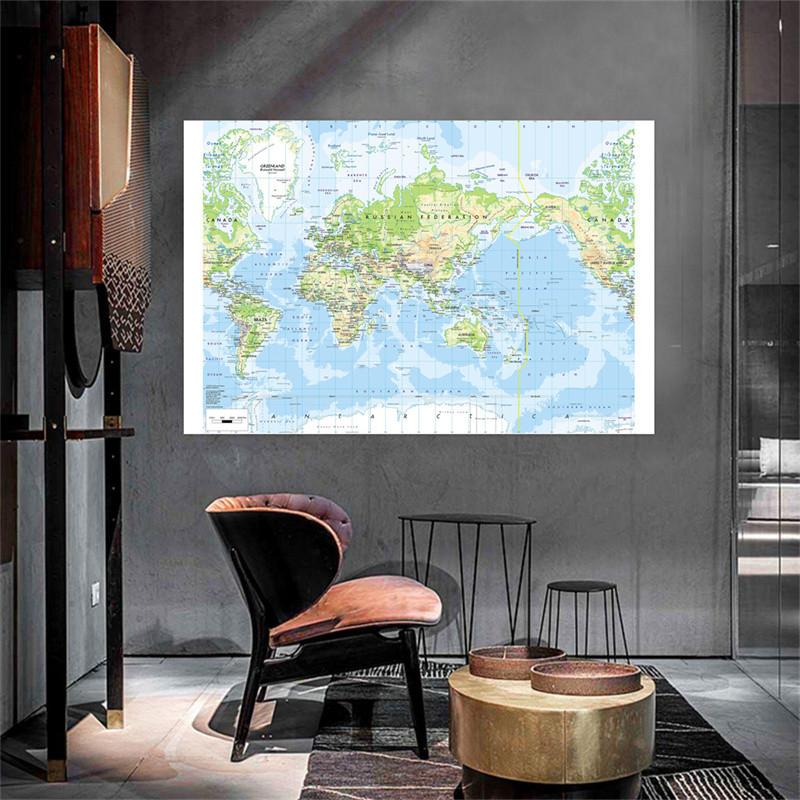 Without Frame English-World Map-Geographic Map with Cities Backdrop,Travel Supplies,for Classroom,Dorm,Office Decor