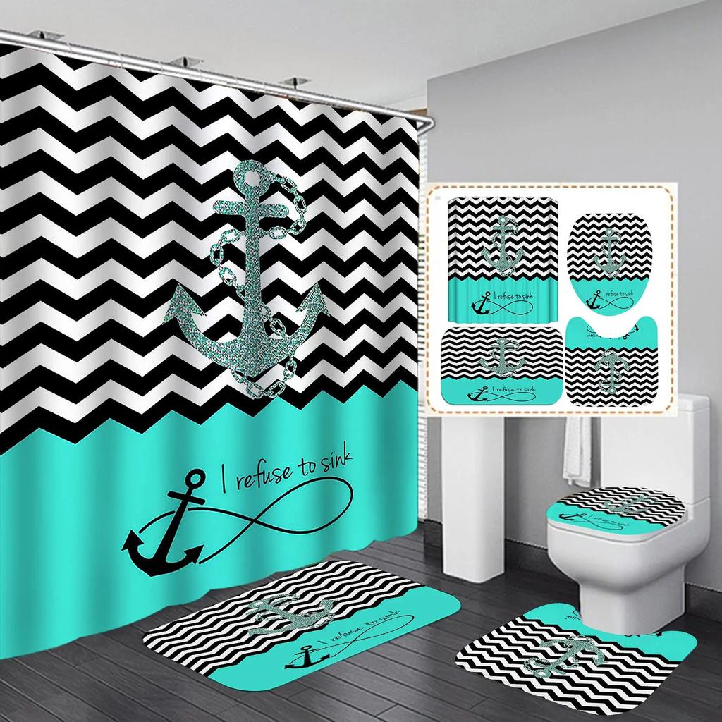 Anchor Shower Curtain Sets Non-Slip Rug Toilet Lid Cover Bath Mat Nautical Anchor Rustic Wood Waterproof Bathroom Curtains Set