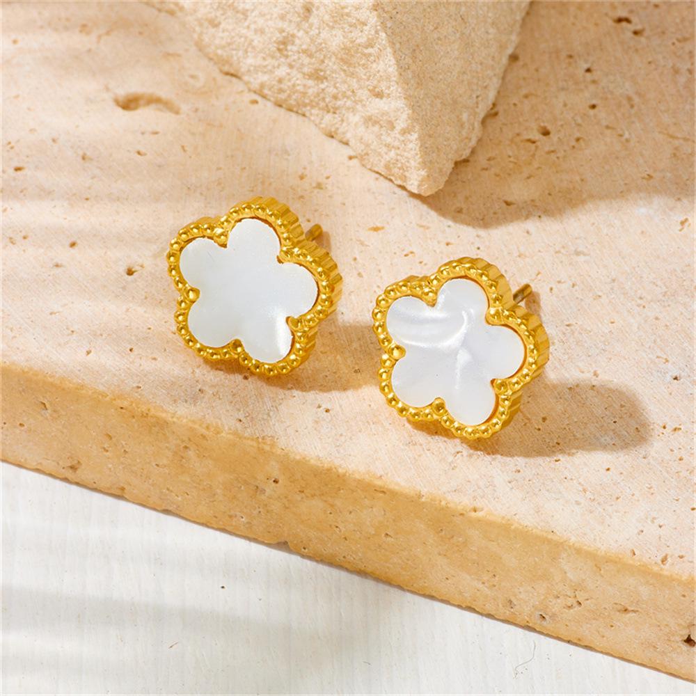Stilvolles beidseitiges Fünfblättriges Blumen-Halsketten- & Armband-Set - Nicht verblassender Edelstahl, Europäisches & Amerikanisches Design beige