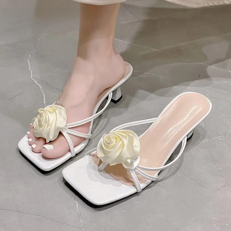 Flower Women High Heels Slippers Pearl Party Sandals Sexy Heeled Shoes 2025 New Elegant Summer Slingback Woman Square Toe Pumps