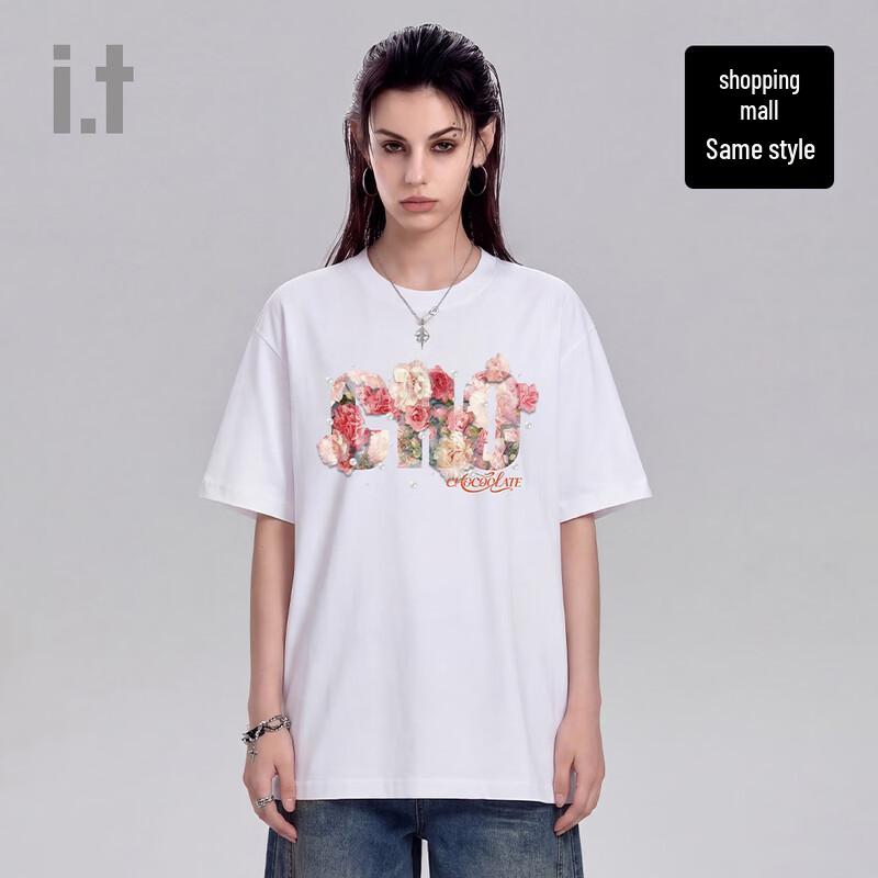 :CHOCOOLATE i.t Unisex Loose Fit Letter Rose Print Cotton T-Shirt 2XL белый