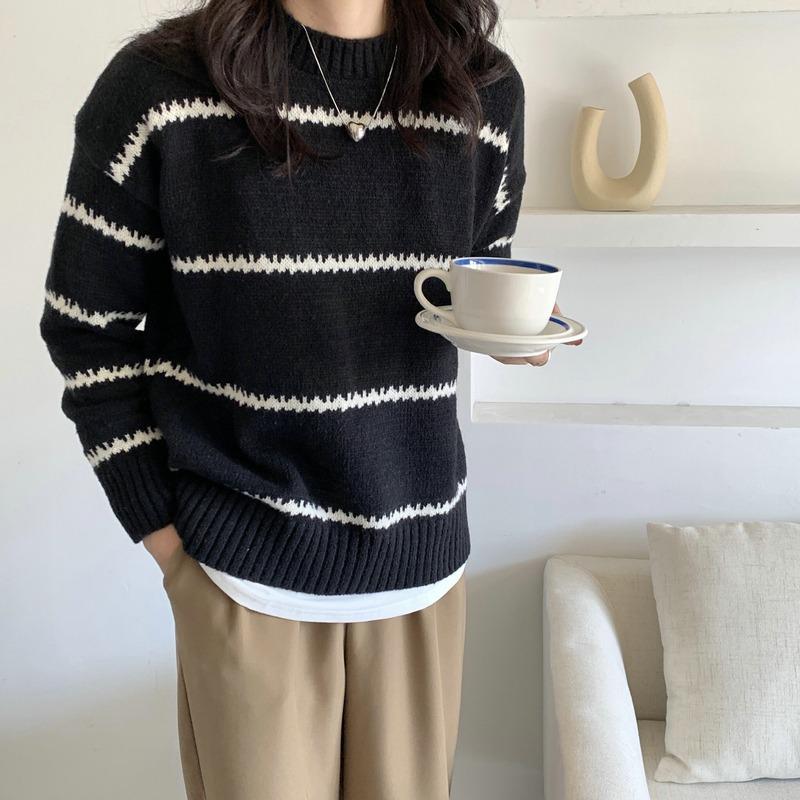

Korean Style Crew Neck Pullover Stripes Women s Sweater Autumn Winter Fashion New Casual Loose Long Sleeved Knitted Tops Office Lady Elegant Clothing one size