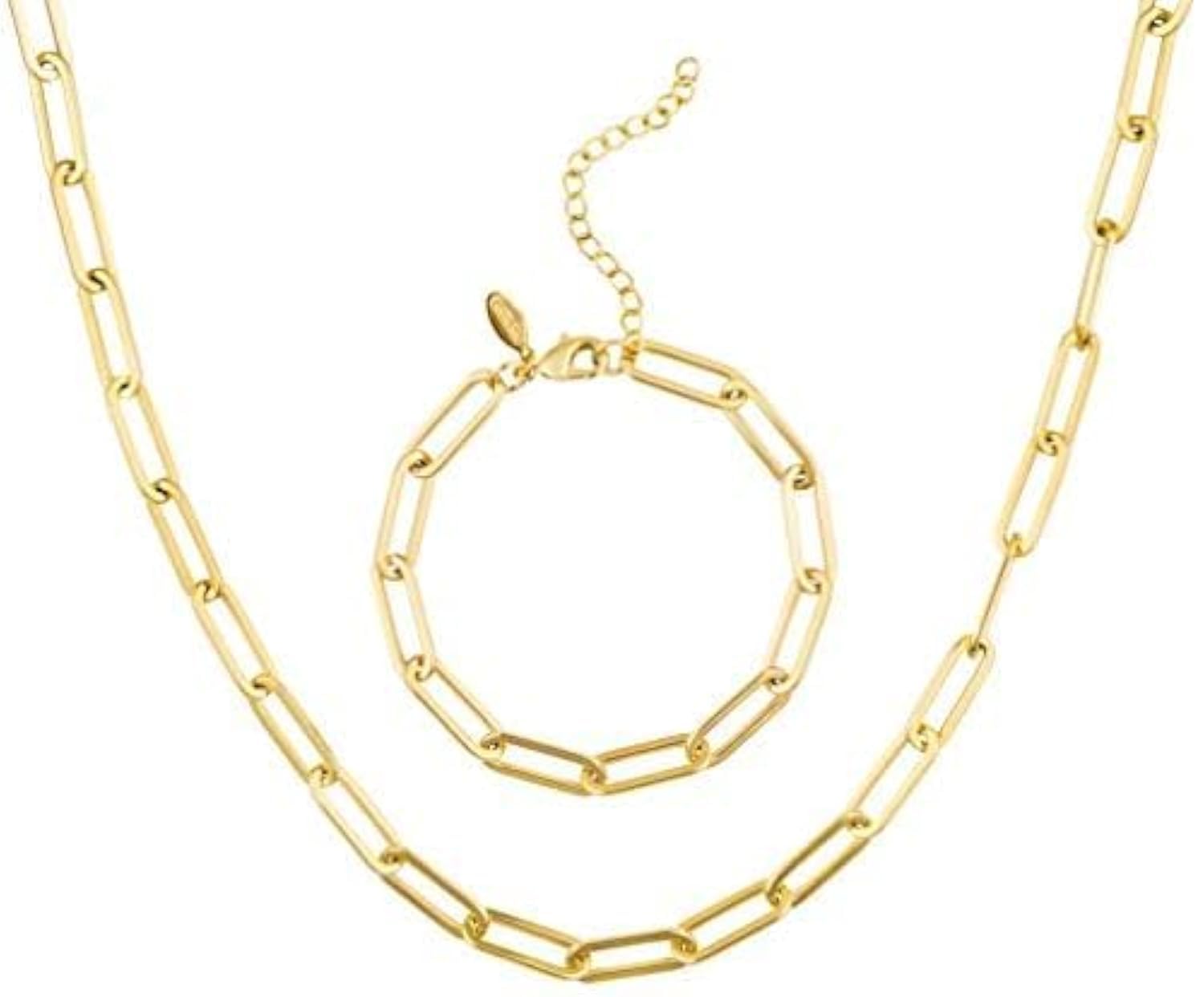 Paperclip Chain Necklace for Women, Paperclip Bracelet Set, Gold Chain Link Necklace for Women, 14K Gold Chain Necklace and Bracelet, Thick Gold