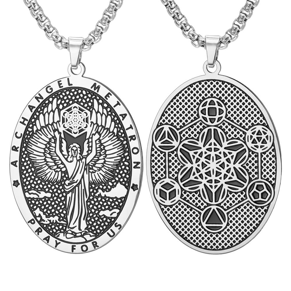 Archangel Metatron Necklace Double Sides Pendant Spiritual Protection Amulet Sacred Geometry Stainless Steel Christian Jewelry