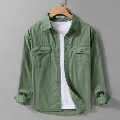 Spring and Summer Mens Long Sleeved Shirts Youth Korean Version Workwear Pure Cotton Casual Top Lapel Collar Double Pocket Shirt