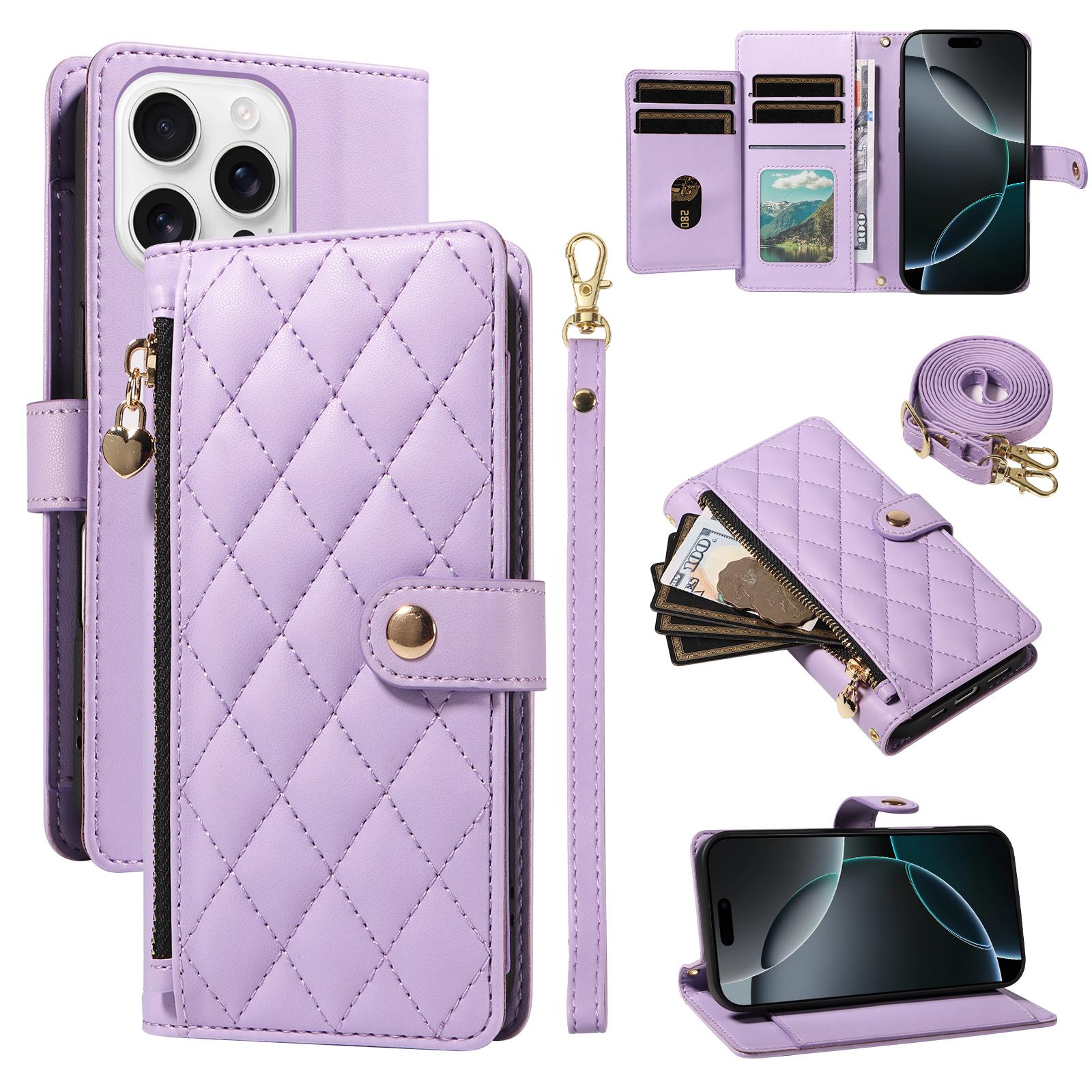 

For iPhone 16 Pro Max Wallet Case with Straps,Rhombus Leather Stand Phone Cover Purple