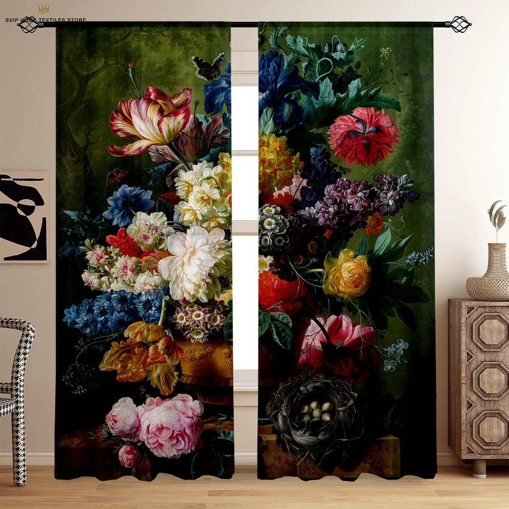 Starry Sky Floral Printed Curtains, Oil Painting, Suitable for Bedroom, Living Room, Dormitory, Decorative Home Decoration