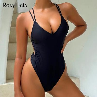 V Neck Cross Back Scrunch Butt Women Swimwear One Piece Swimsuit Female Monokini High Cut Bather Bathing Suit Swim