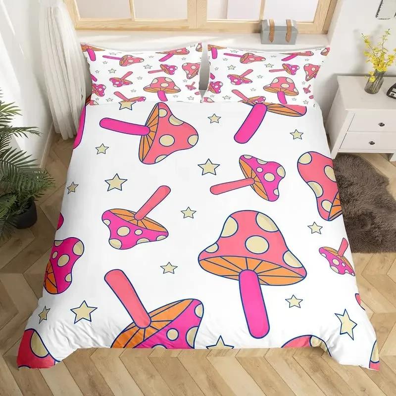 Cute Mushroom Duvet Cover Set Microfiber Hippie Theme Exotic Plant Mushrooms Bedding Set Kawaii Fungus Comforter Cover Twin King