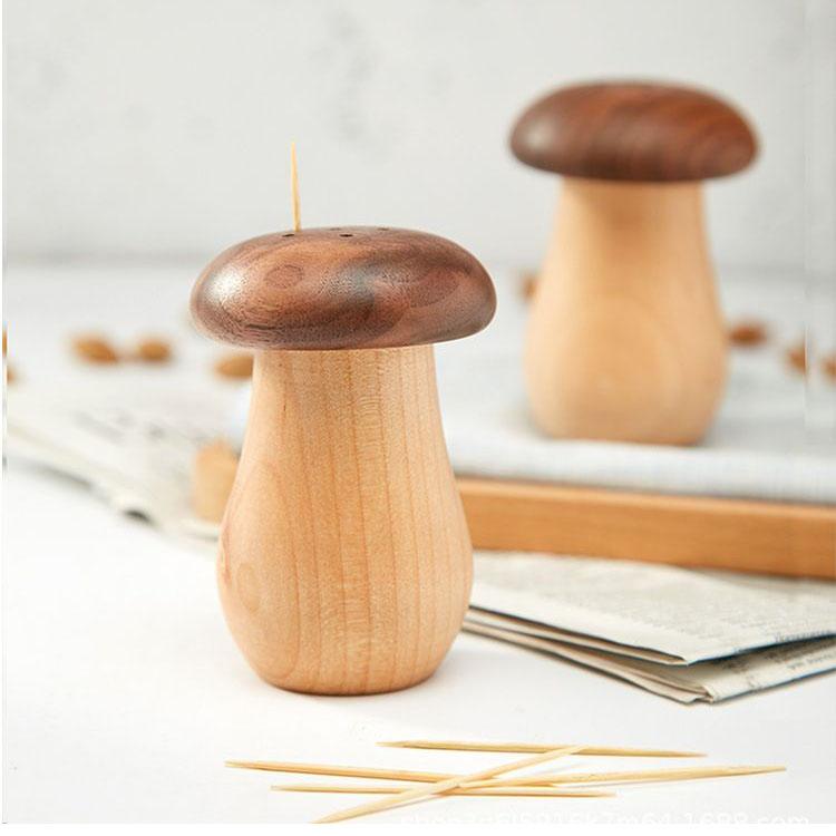Kreatives und praktisches Zahnstocher-Röhrchen aus Massivholz, Haushalts-Zahnstocherbox, Doppelwandige Zahnstocherdose aus Schwarznuss- und Buchenholz, Niedliche Pilz-Zahnstocherdose