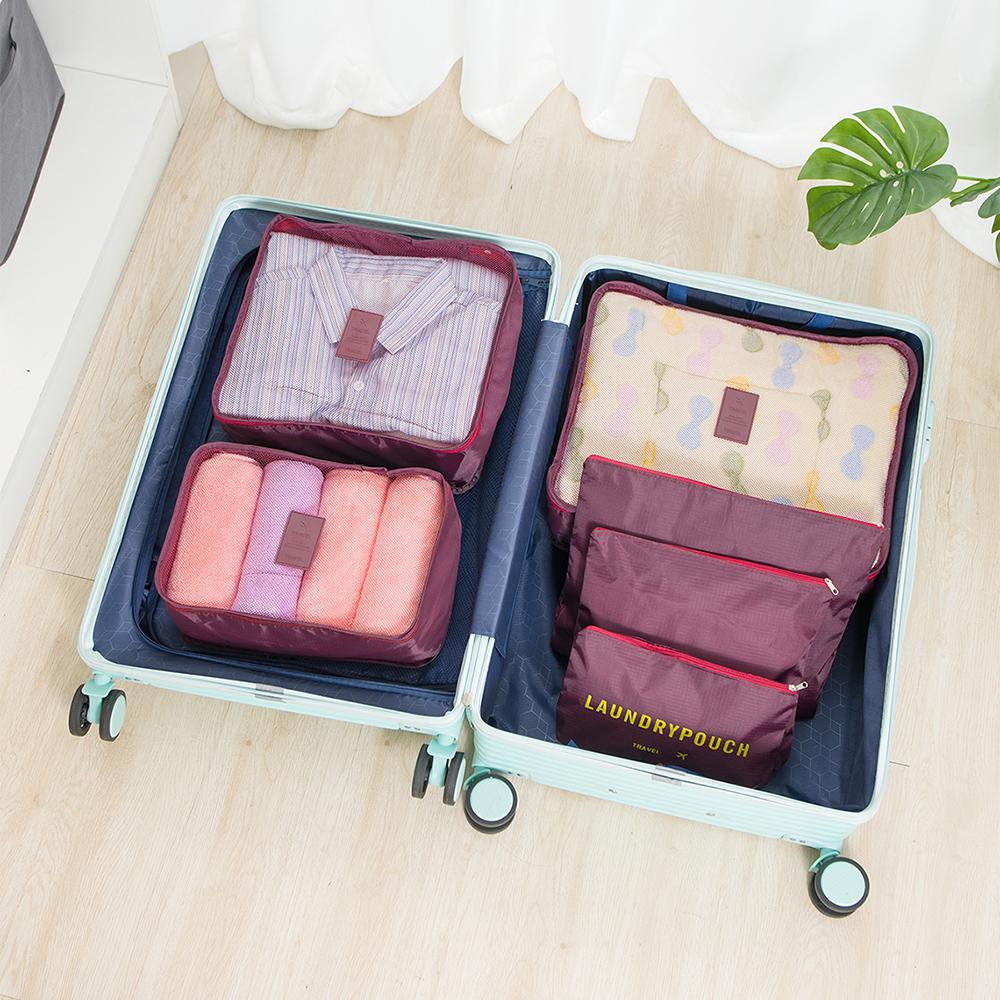 6-Piece Travel Storage Bag Luggage Group Travel Clothing Storage Bag Floral Fabric Clothing Sorting Bag Wine Red