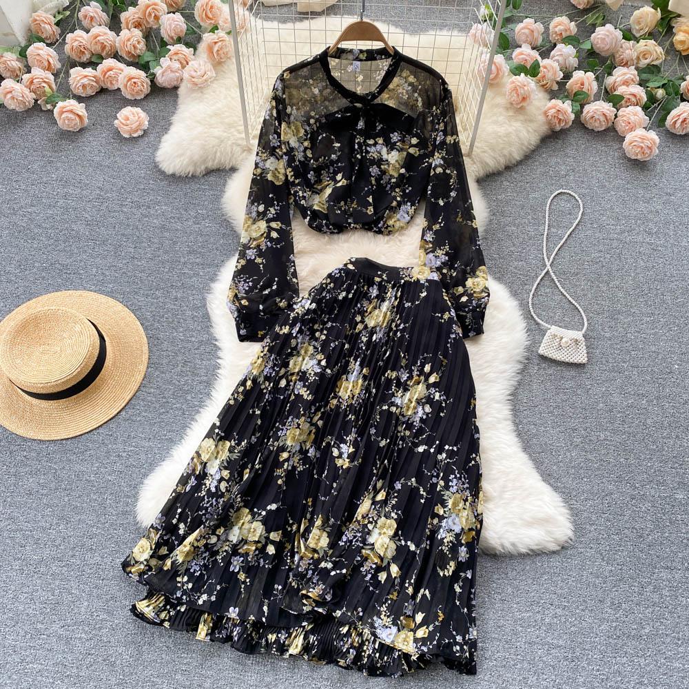 Spring Fashion Bow Top + Heavy Industry Pleated Chiffon Skirt Two-Piece Set Of Foreign Style Broken Flowers