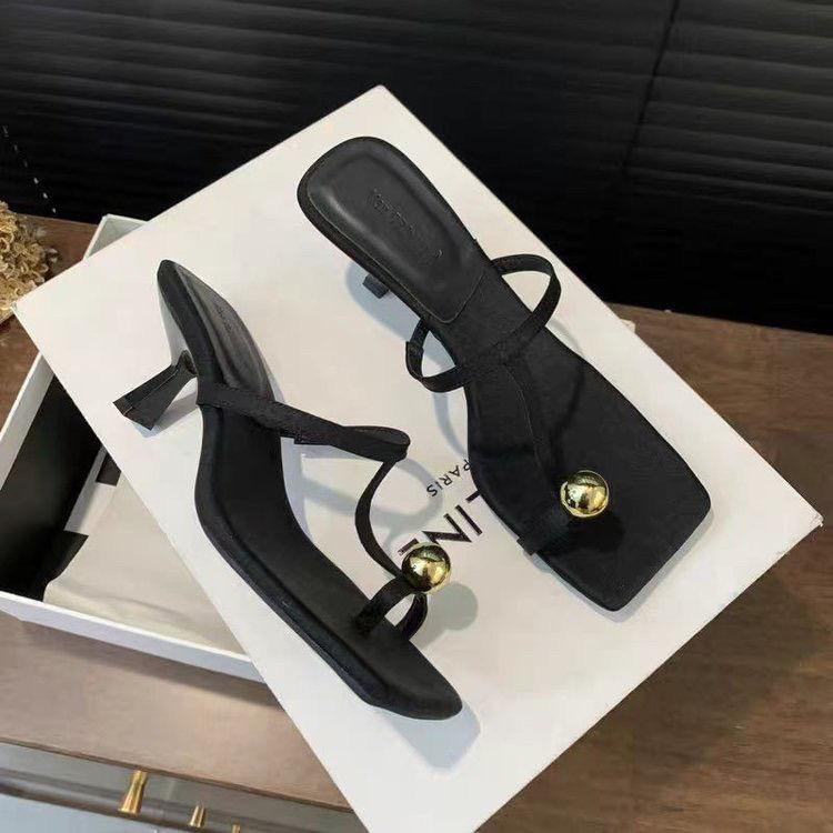 Fashion trend sense soft sole not tired feet square head thin heel high heels set toe cool slippers