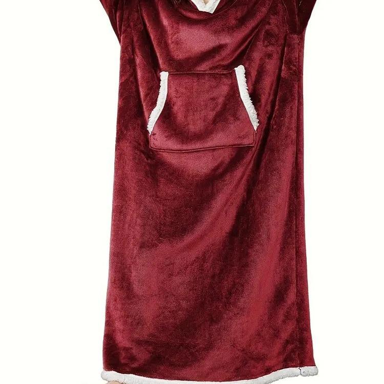 Halat Pătură cu Glugă de Flanel Extra Lung pentru Femei cu Buzunare Verticale