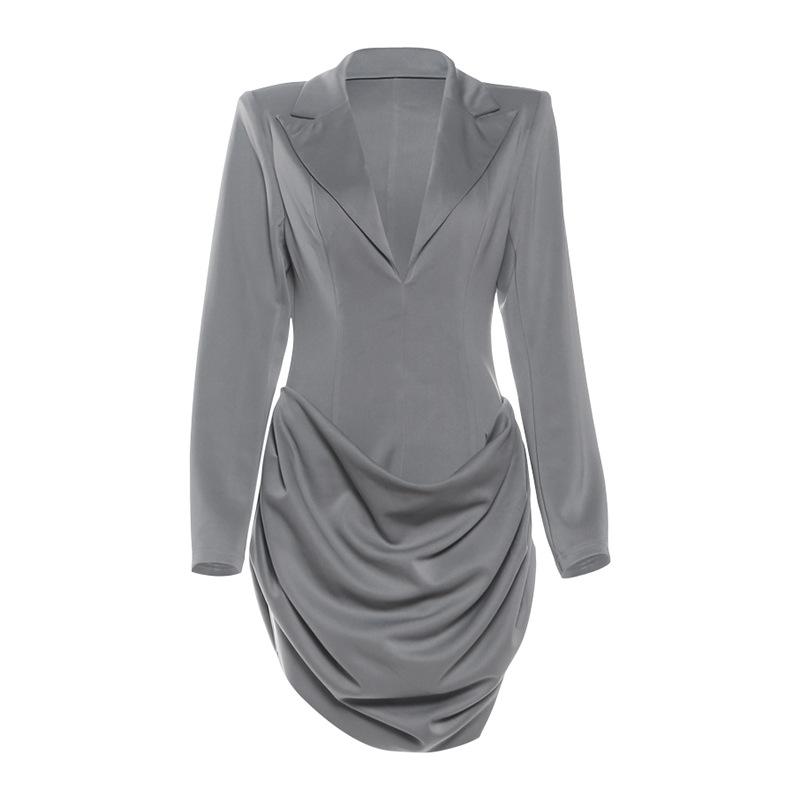 

Long Sleeve Bodycon Dress with Deep V Neck and Waist Ruffles L сірий колір