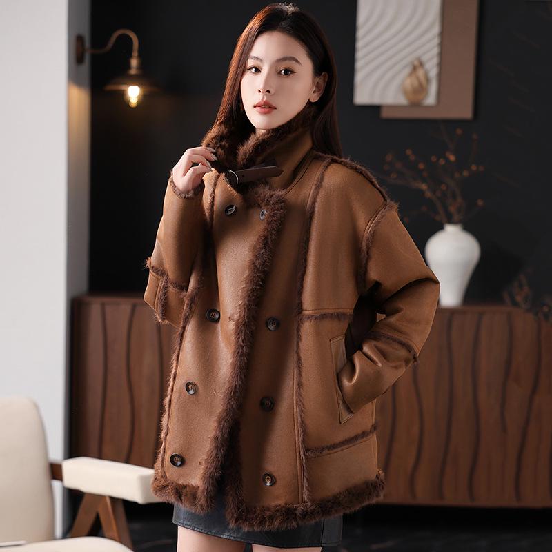 

Chic Double-Breasted Warm Coat with Fur Lining for Middle-Aged Women - Autumn & Winter Style L [115-130 jin] кофейный