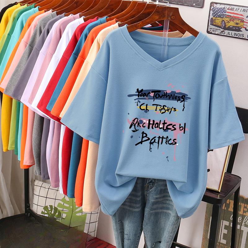 Camiseta de manga curta, Solta, Top V-neck Estampado Emagrecedor para Mulheres