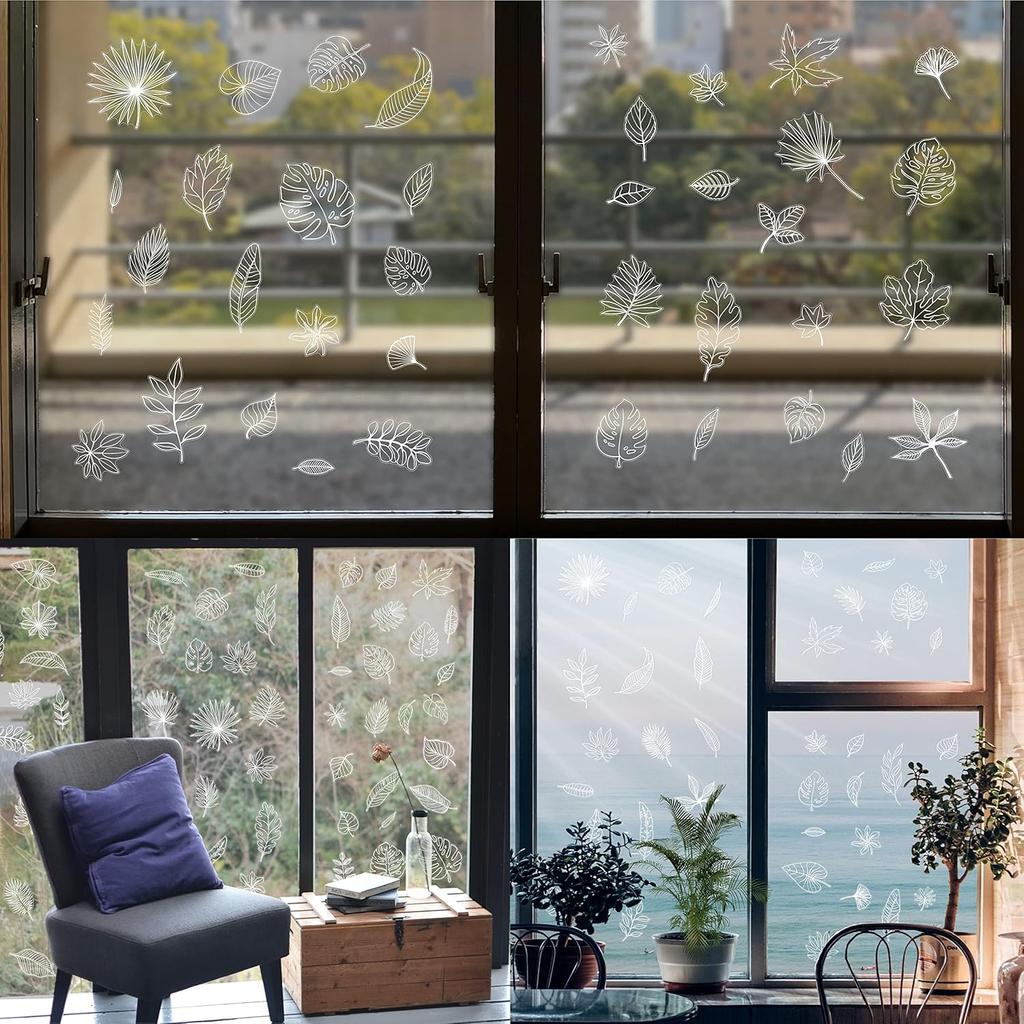 90 PCS Leaf Window Clings - Double Sided White Leaves Stickers - 90 Designs - Reble Window Decals - Static Clings - Bird Alert - Prevent Bird Strikes