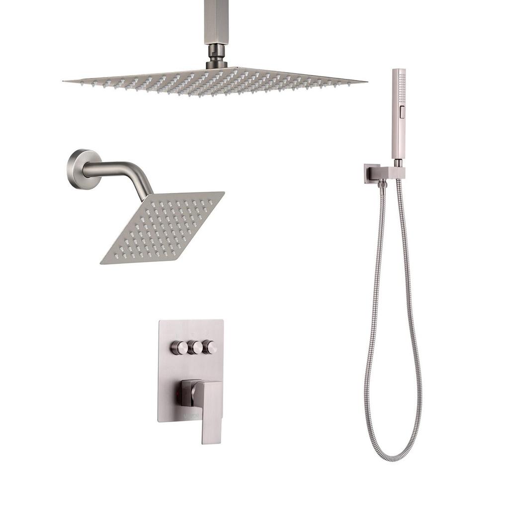 Shower Faucet Set, 254 Mm Ceiling Mount Rainfall Shower System with 152 Mm Wall Mount Head and 2 In 1 Handheld Spray, Rotatable 3-Function Dual Rain