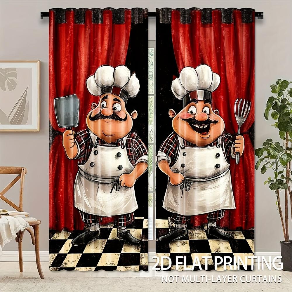 

Set Of 2 Chef Kitchen Curtains Funny Cooking Theme Window Drapes Red Black Buffalo Check Plaid Semi Polyester Light Filtering Made Treatment W100*H70(CM)-Rod Pocket&2PCS