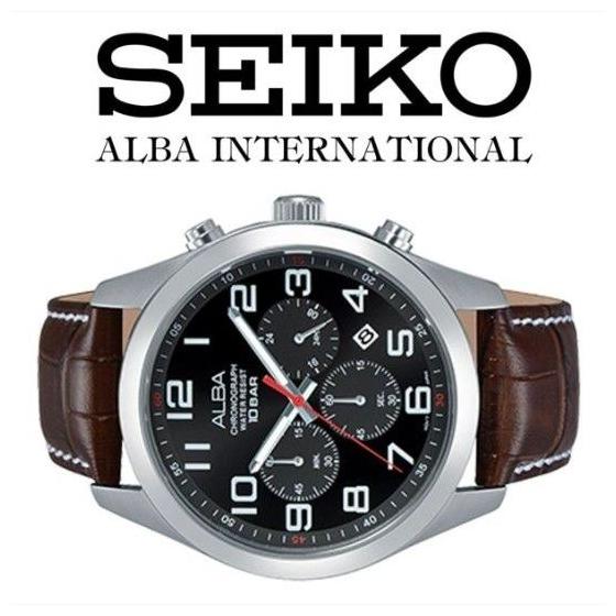 Used Seiko overseas model ALBA chronograph watch 10BAR brown leather band black