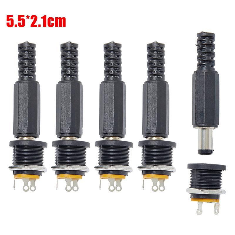5pcs Male Plugs+5pcs DC022 Socket Female Jack Screw Nut Panel Mount Connector 5.5*2.1mm DC 12V Black