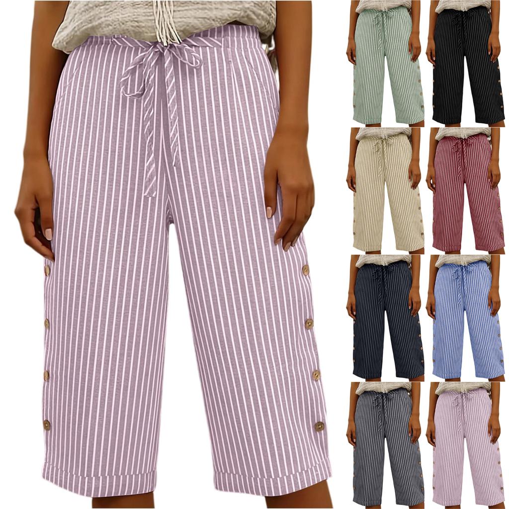 Dames Zomer Mode Gestreept Elastische Taille Vijfkwart Broek Casual Losse Zak Shorts