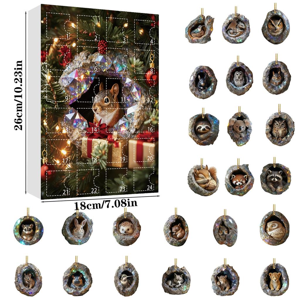 2025 24-Day Cute Animal Countdown Calendar, Adorable Animal-Themed Decorations, 2D Flat Acrylic Hanging Ornament