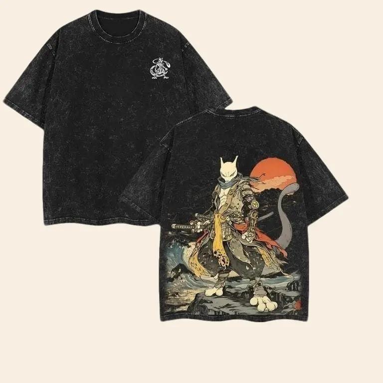 Mewtwo Pokemon Vintage Washed Double Printed Oversized Unisex T-Shirt Anime S