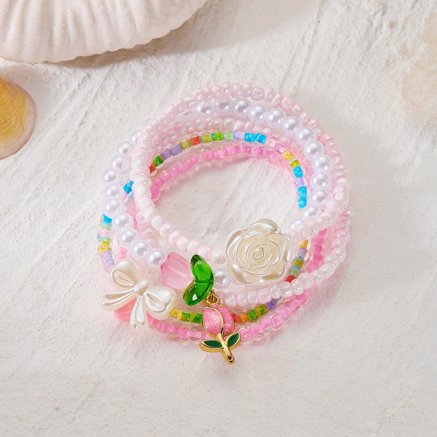 

Delicate Floral Beaded Bracelets Set for Women Rose Tulip Charm Imitation Pearl Handmade Bracelets Beach Party Jewelry Gift