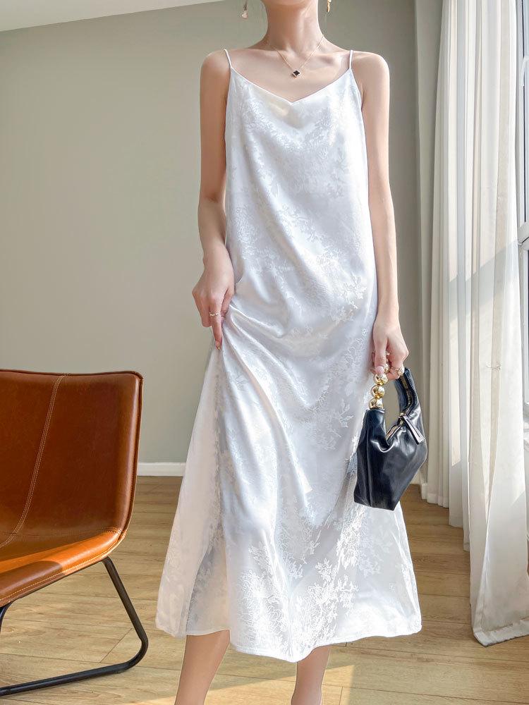 Damen Chinesischer Stil Satin Jacquard Maxikleid mit Spaghettiträgern