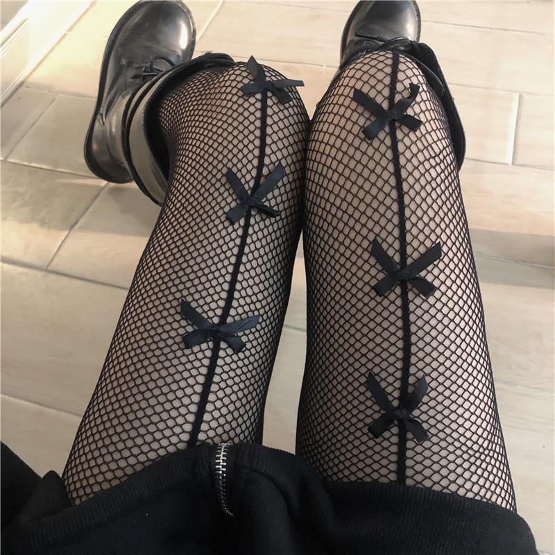 Black White Bow Girls Tights Hollow Out Transparent Slim Fishnet Pantyhose Party Club Mesh Stockings with Bow Tie Summer Socks