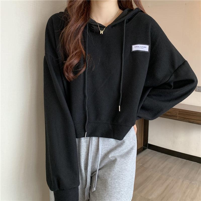 Women's Hooded Pullover Hoodie Loose Fit Solid Casual Spring Fall Waffle Knit Cropped Tops