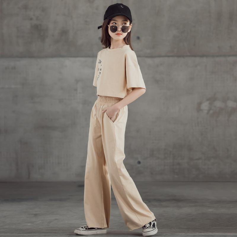 Girls Clothing Summer Suit Casual Letter T-shirt High Waisted Wide Leg Pants 2 Children's Tracksuit Black Teen Clothing