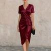 Women's V Neck Satin Short Sleeve Bowknot Wrap Sheath Dress Elegant Slim Fit Midi Dress for Formal Events Office Wear