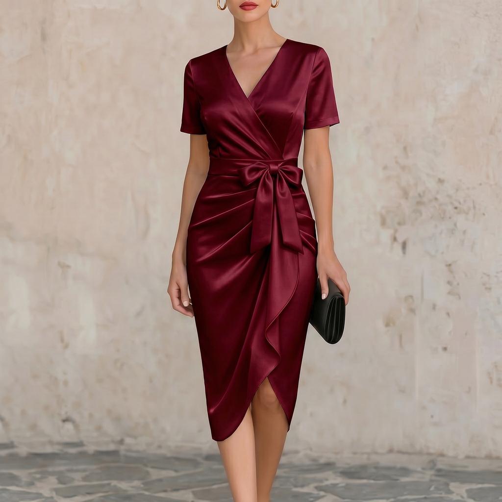 Women's V Neck Satin Short Sleeve Bowknot Wrap Sheath Dress Elegant Slim Fit Midi Dress for Formal Events Office Wear
