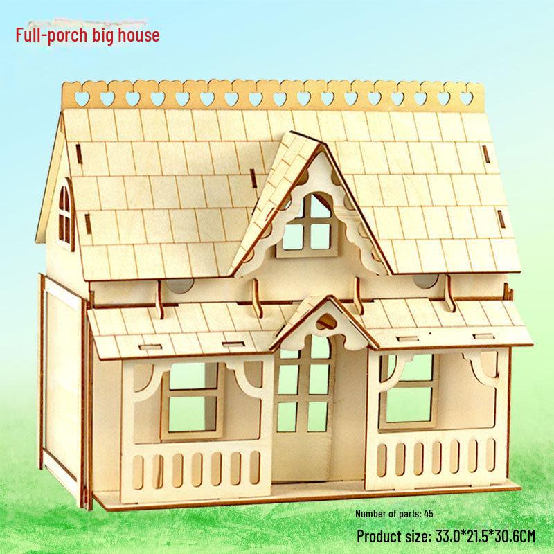 3D Wooden House Model with Porch - DIY Handmade Building Toy for Girls