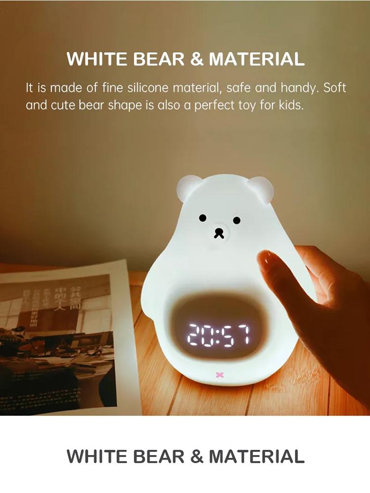 D2 Smarte Wecker Kinder Weihnachtsgeschenke USB Wiederaufladbar Weißer Bär Schlaftrainer für Kinder Baby LED Nachtlicht Silikon Touch