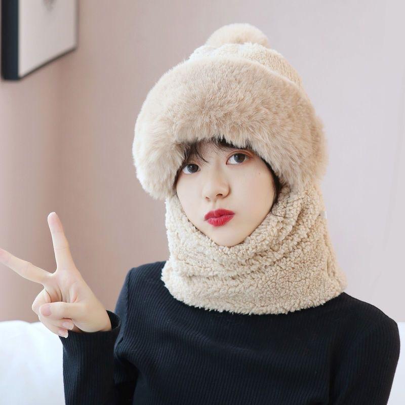 Winter Simple New Style Thickened Warm Plush Scarf All-in-one Hooded Scarf Three-in-one Cute Fox Ear Hat Female Hooded Ski Mask