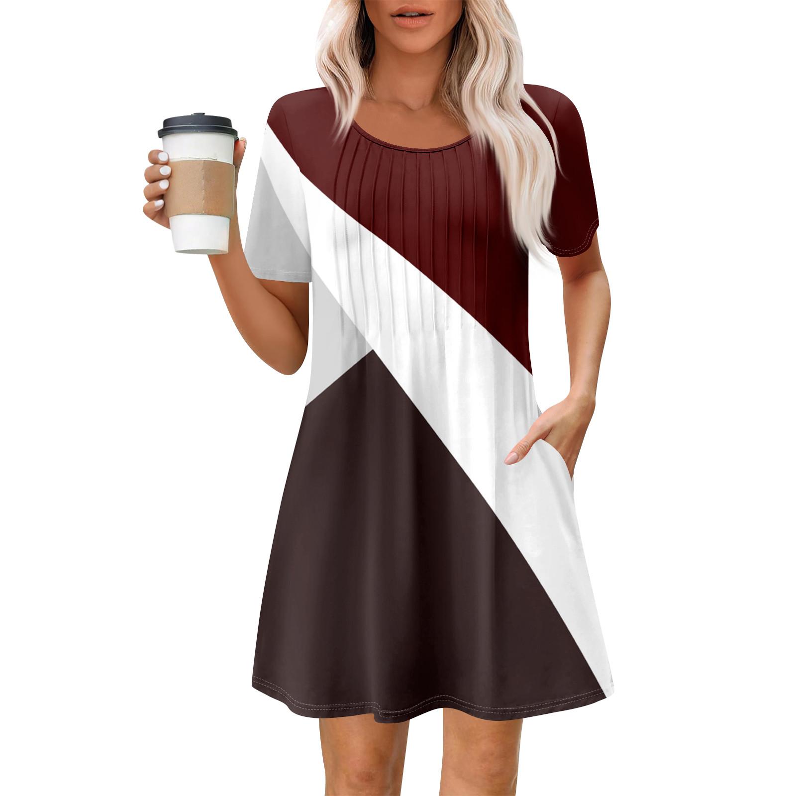 

Женское летнее платье свободного покроя для пляжного отдыха, сарафан с коротким рукавом и круглым вырезом, с карманом, с коротким рукавом, платье-рубашка M винный