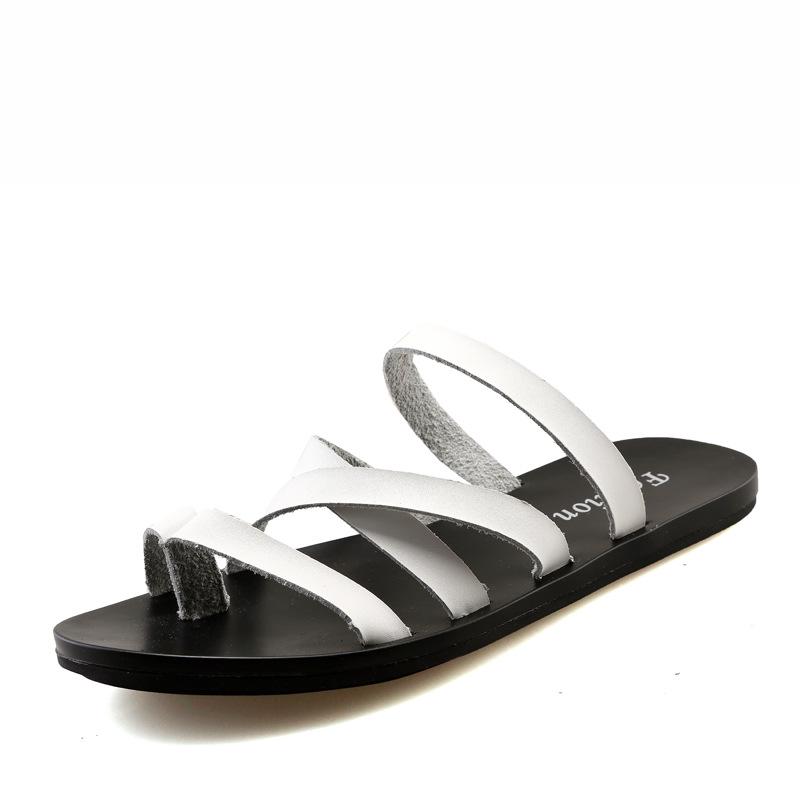 Flat With Beach Fashion Outside Men's Slippers Leisure Concise Genuine Leather Summer Flip Flops Sewing Solid Men Shoes