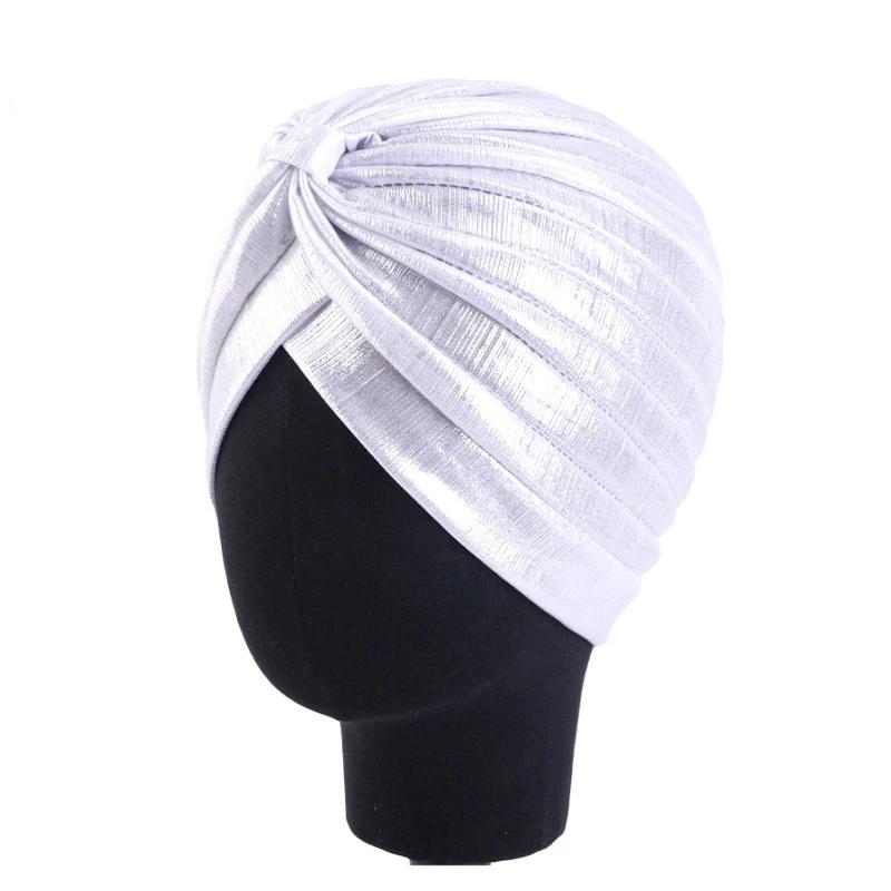 Nové dámské zlaté stříbrné turbanové čepice chemo bandana hidžáb plisovaná indická čepice turbante klobouk dámský šátek na vlasy muslimská pokrývka hlavy