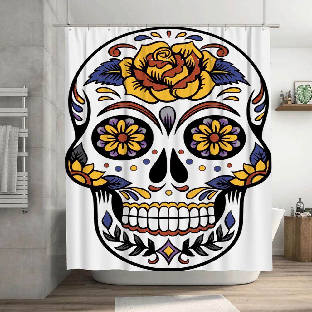 Skull Floral Bath Shower Curtain Decorative Black White Print 72 X 84 Inches High Quality Waterproof Fabric for Bathroom Decor