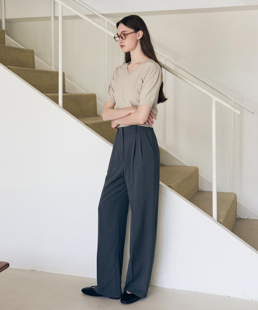 Deuloupisumeon V-Neck Puff Short Sleeve Cotton Knit [Sand Grey]