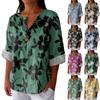 Women's Fashionable Casual V-neck Button Seven Quarter Sleeve Printed Cotton And Linen Top