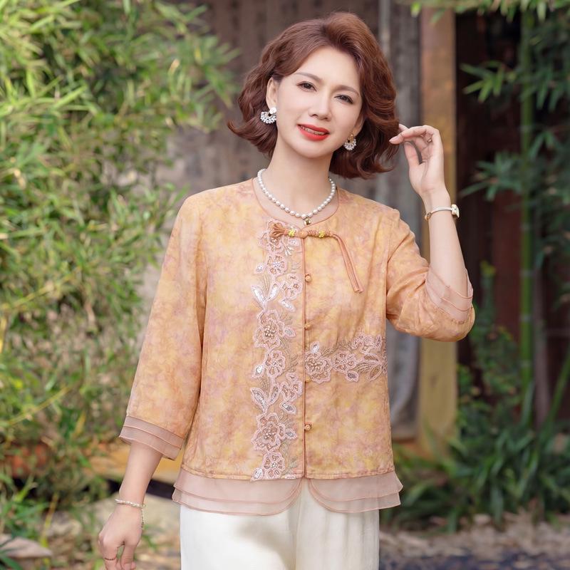 

Summer 2026 Chinese Style Round Neck Top for Middle-Aged & Elderly Women XL for 90-109 jin оранжевый