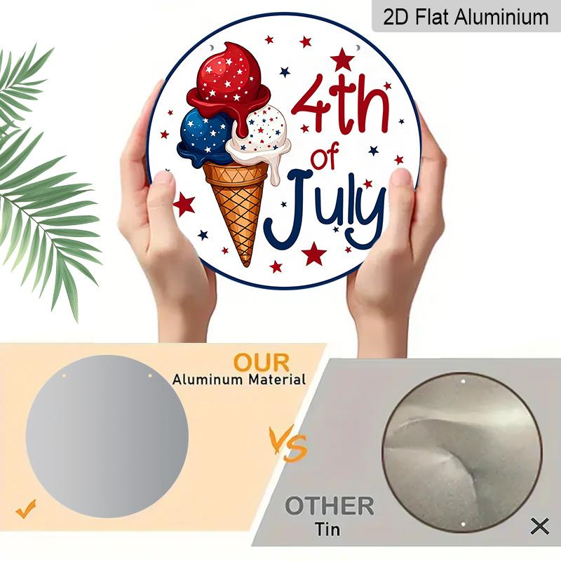 2D Flat 1pc Aluminum Independence Day Patriotic-Themed Ice Cream Wall Decor, 7.87 inches x 7.87 inches Suitable for hanging on front doors, porches