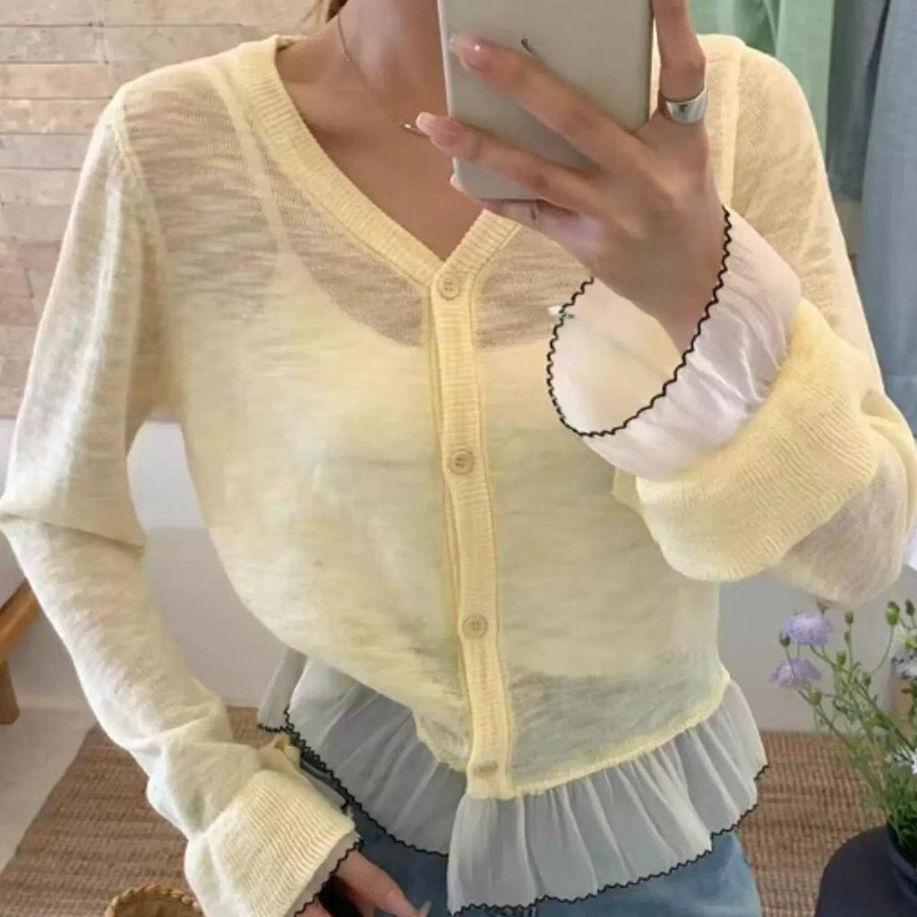Sweet Style Hem Lace Trim Knit Cardigan Women Spring Summer Sun Protection Thin Sheer Knit Coat